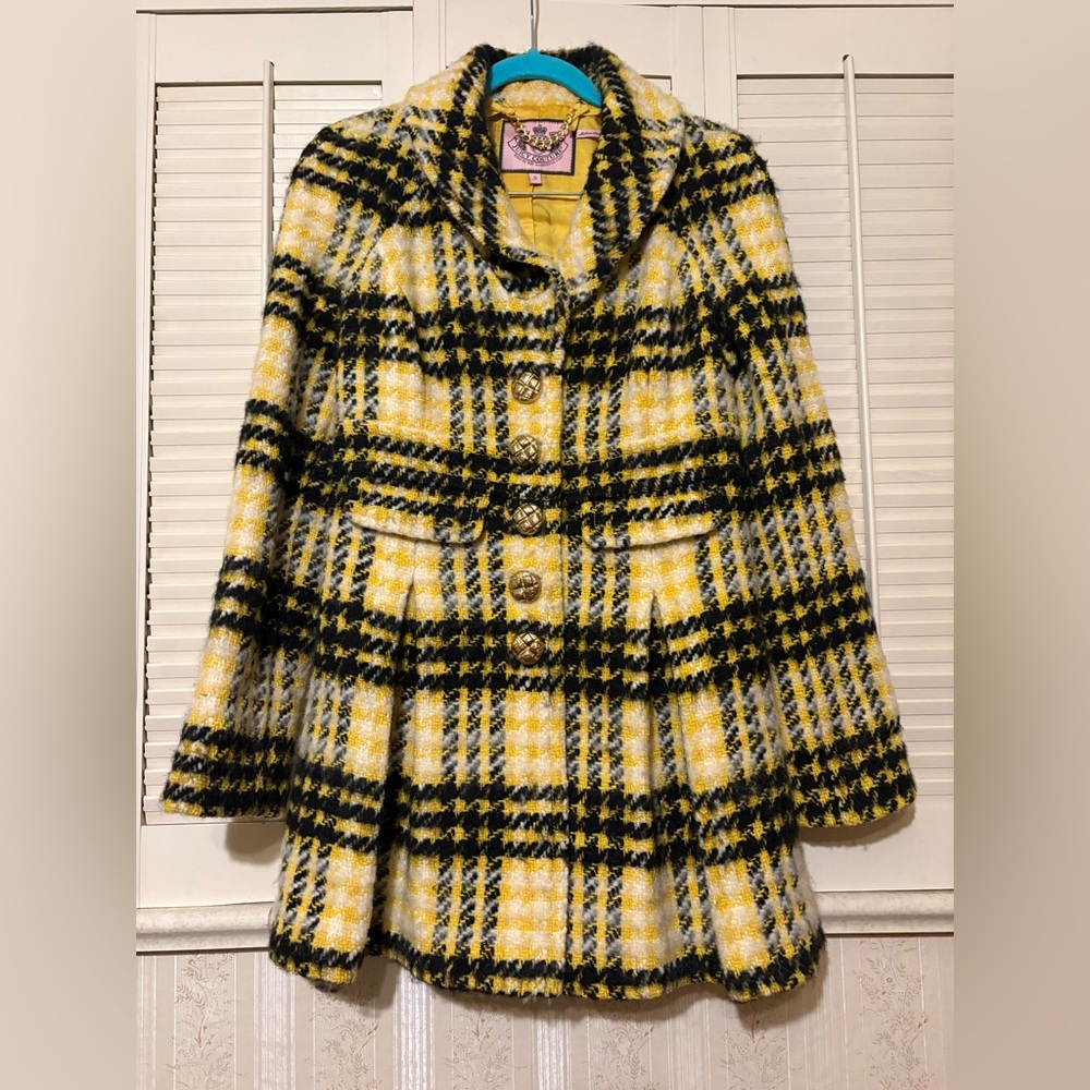 Juicy Couture Yellow and Black Plaid tweed Jacket! Size small!